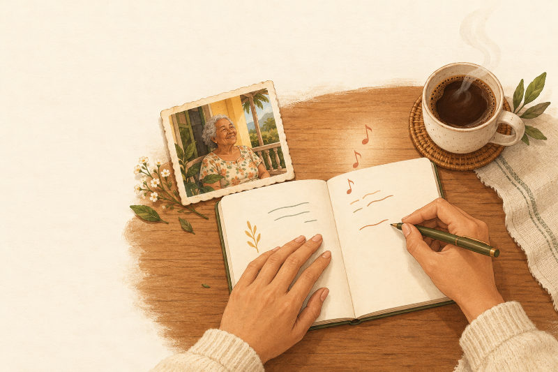 Mãos escrevem num caderno aberto sobre a mesa, ao lado da foto de uma senhora sorrindo e de uma xícara de café
