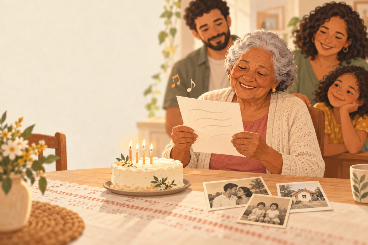 Senhora sorri ao ler uma folha à mesa com bolo de aniversário e fotos antigas, com a família sorrindo atrás dela