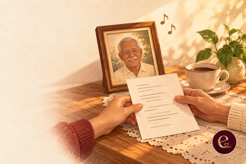 Mãos seguram uma folha escrita diante do retrato de um senhor sorridente, numa mesa de madeira com café e notas musicais